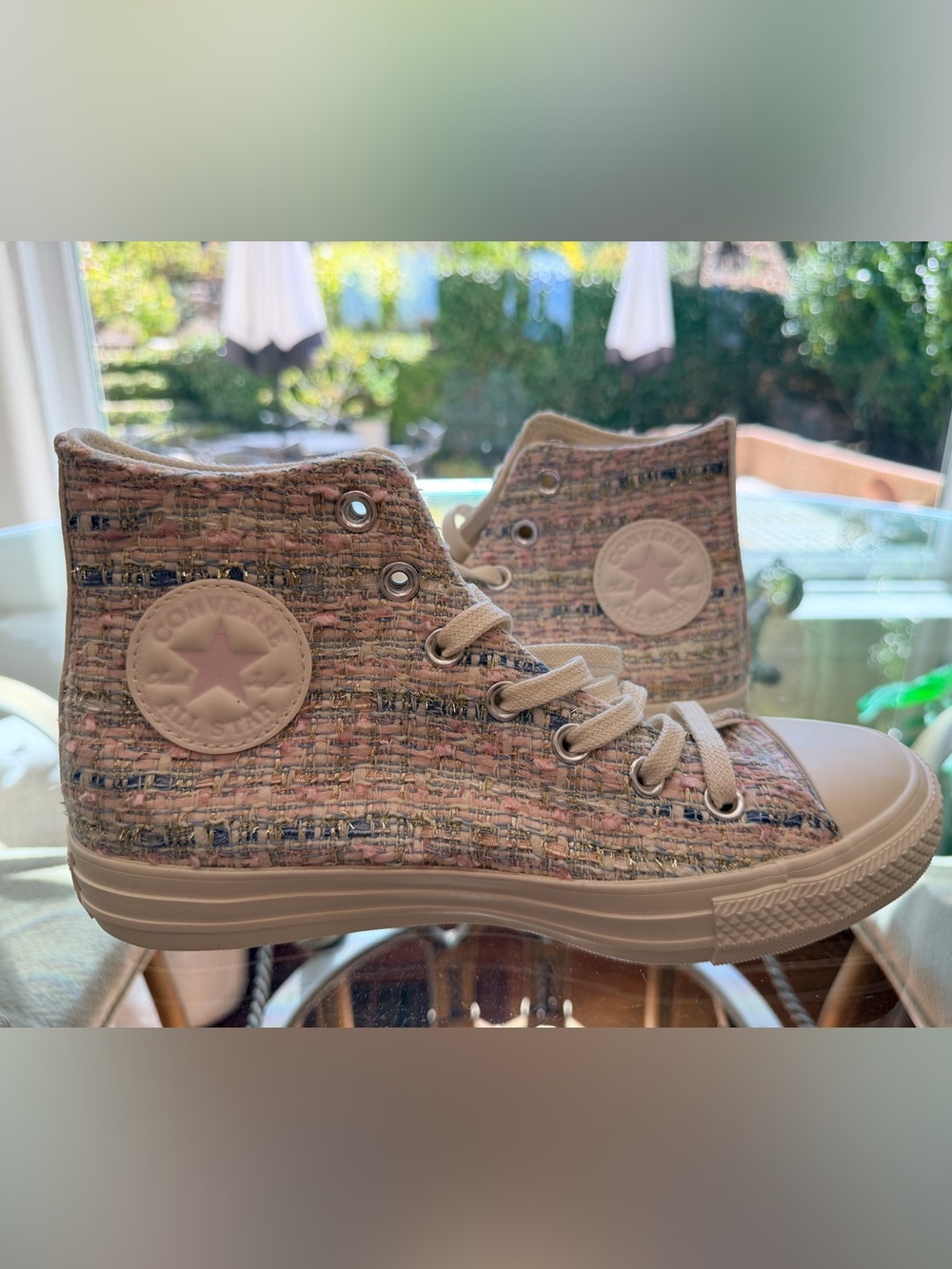 Converse High-Top Sneakers in Pink, Blue, Cream Tweed